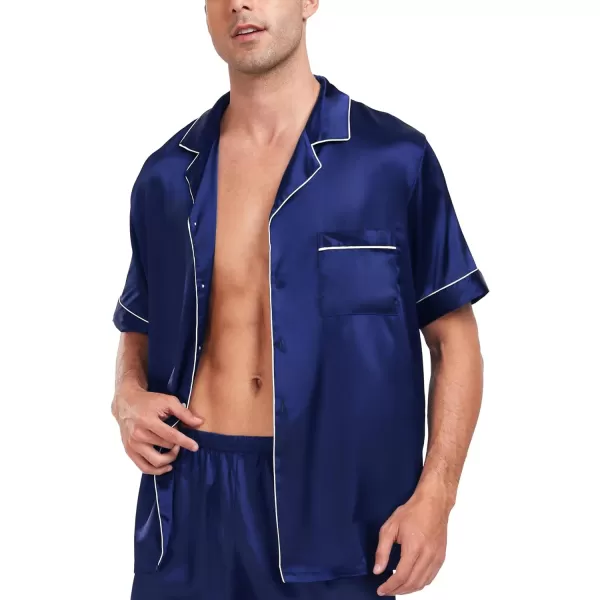 SWOMOG Men Silk Satin Pajamas Sets Short Sleeve Sleepwear ButtonDown PJs Sets TwoPieces Loungewear with PocketsNavy Blue