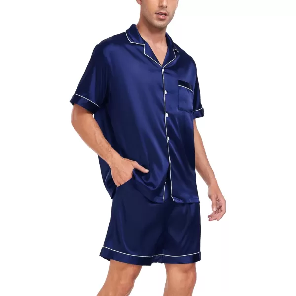 SWOMOG Men Silk Satin Pajamas Sets Short Sleeve Sleepwear ButtonDown PJs Sets TwoPieces Loungewear with PocketsNavy Blue