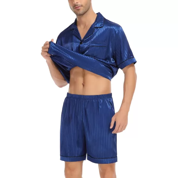 SWOMOG Men Silk Satin Pajamas Sets Short Sleeve Sleepwear ButtonDown PJs Sets TwoPieces Loungewear with PocketsNavy Blue Small Sriped