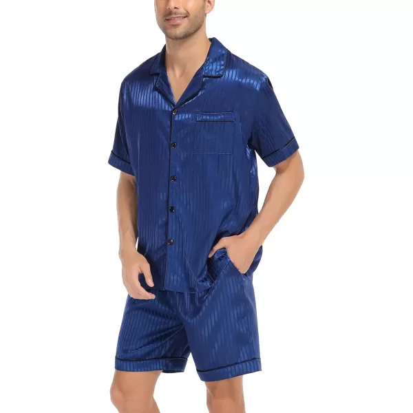 SWOMOG Men Silk Satin Pajamas Sets Short Sleeve Sleepwear ButtonDown PJs Sets TwoPieces Loungewear with PocketsNavy Blue Small Sriped