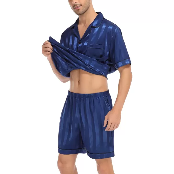 SWOMOG Men Silk Satin Pajamas Sets Short Sleeve Sleepwear ButtonDown PJs Sets TwoPieces Loungewear with PocketsNavy Blue Sriped