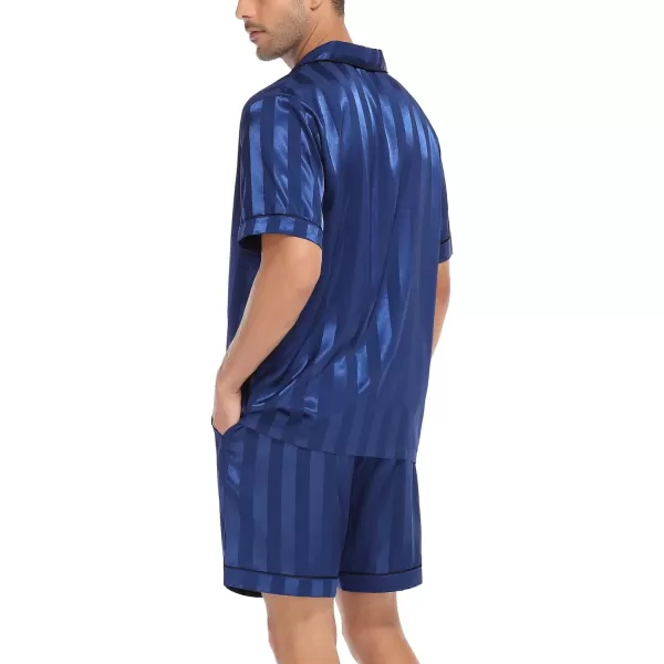 SWOMOG Men Silk Satin Pajamas Sets Short Sleeve Sleepwear ButtonDown PJs Sets TwoPieces Loungewear with PocketsNavy Blue Sriped