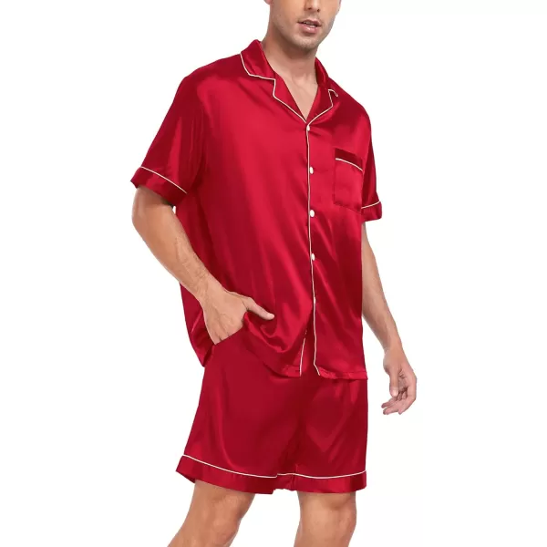 SWOMOG Men Silk Satin Pajamas Sets Short Sleeve Sleepwear ButtonDown PJs Sets TwoPieces Loungewear with PocketsRed