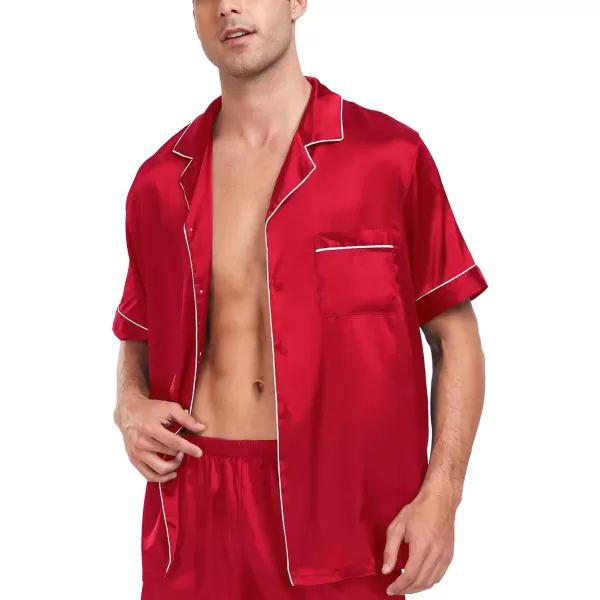 SWOMOG Men Silk Satin Pajamas Sets Short Sleeve Sleepwear ButtonDown PJs Sets TwoPieces Loungewear with PocketsRed