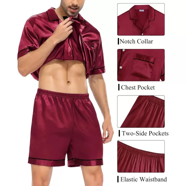 SWOMOG Men Silk Satin Pajamas Sets Short Sleeve Sleepwear ButtonDown PJs Sets TwoPieces Loungewear with PocketsWine Red