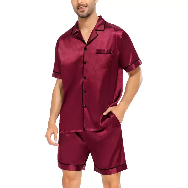 SWOMOG Men Silk Satin Pajamas Sets Short Sleeve Sleepwear ButtonDown PJs Sets TwoPieces Loungewear with PocketsWine Red