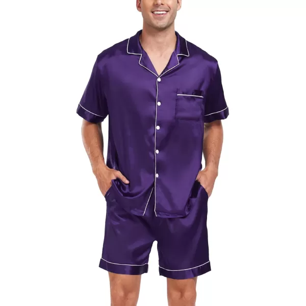 SWOMOG Men Silk Satin Pajamas Sets Short Sleeve Sleepwear ButtonDown PJs Sets TwoPieces Loungewear with PocketsWineberry