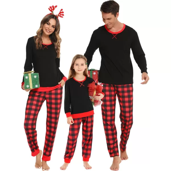 SWOMOG Men amp Women amp Kids Matching Pajama Sets for Family Couples Long Sleeve Sleepwear Plaid Striped Pants with PocketsKids Black Red Grid