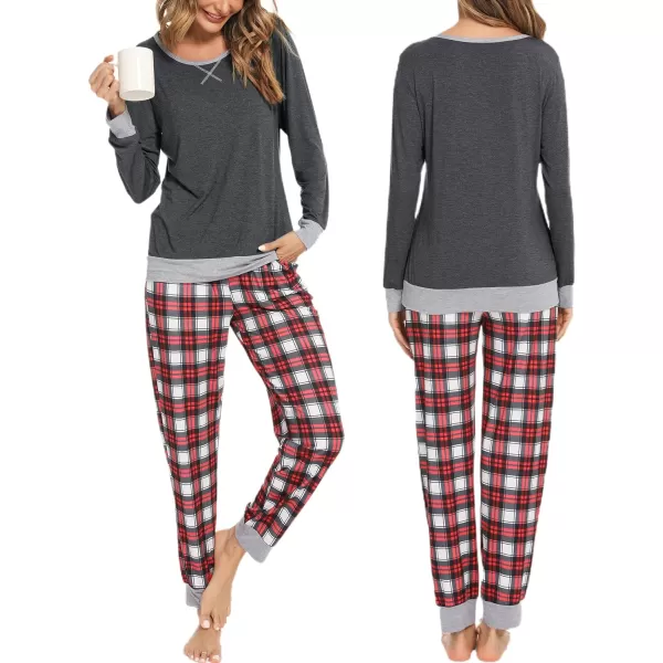 SWOMOG Men amp Women amp Kids Matching Pajama Sets for Family Couples Long Sleeve Sleepwear Plaid Striped Pants with PocketsKids Dark Grey Red Grid