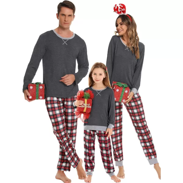 SWOMOG Men amp Women amp Kids Matching Pajama Sets for Family Couples Long Sleeve Sleepwear Plaid Striped Pants with PocketsKids Dark Grey Red Grid