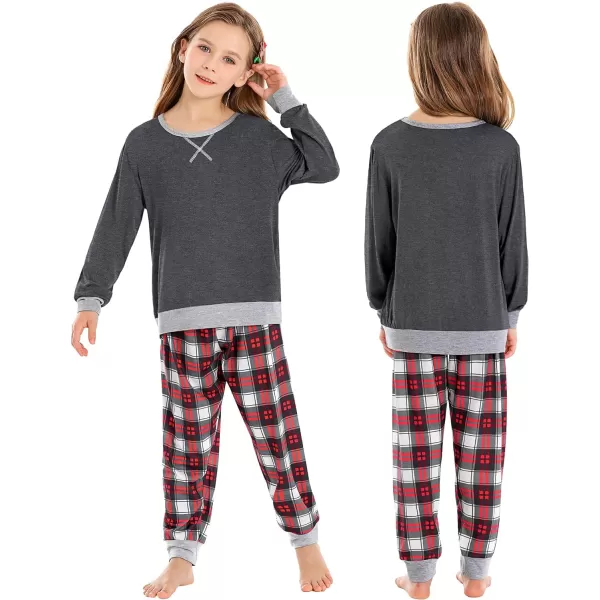 SWOMOG Men amp Women amp Kids Matching Pajama Sets for Family Couples Long Sleeve Sleepwear Plaid Striped Pants with PocketsKids Dark Grey Red Grid