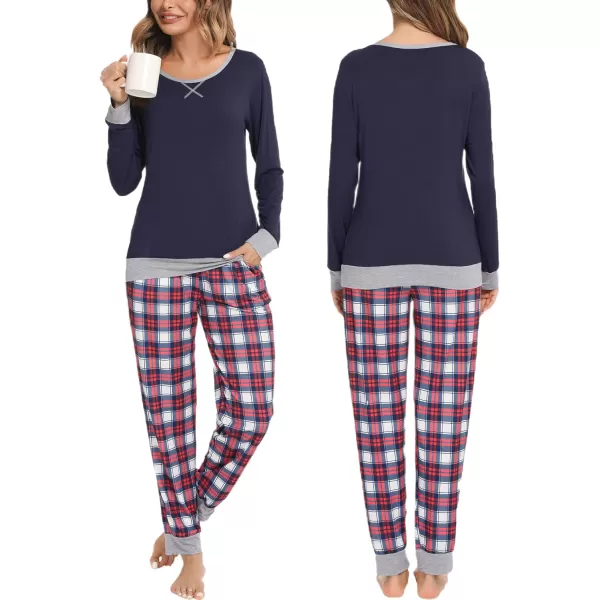 SWOMOG Men amp Women amp Kids Matching Pajama Sets for Family Couples Long Sleeve Sleepwear Plaid Striped Pants with PocketsKids Navy Blue Red Grid