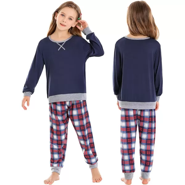 SWOMOG Men amp Women amp Kids Matching Pajama Sets for Family Couples Long Sleeve Sleepwear Plaid Striped Pants with PocketsKids Navy Blue Red Grid