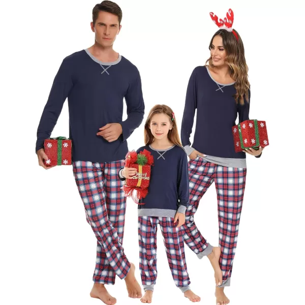 SWOMOG Men amp Women amp Kids Matching Pajama Sets for Family Couples Long Sleeve Sleepwear Plaid Striped Pants with PocketsKids Navy Blue Red Grid