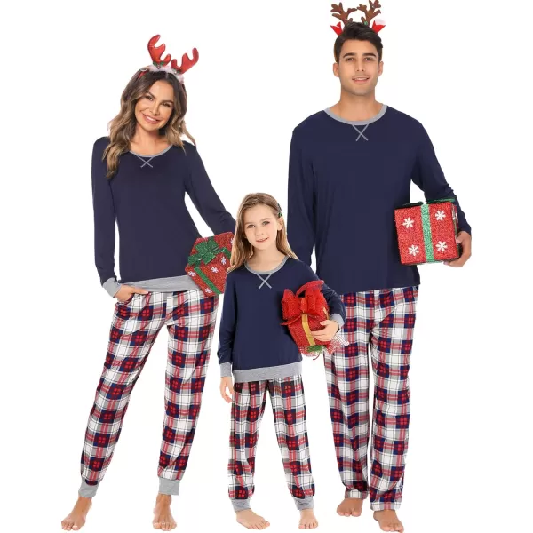 SWOMOG Men amp Women amp Kids Matching Pajama Sets for Family Couples Long Sleeve Sleepwear Plaid Striped Pants with PocketsKids Navy Blue1 Blue Grid