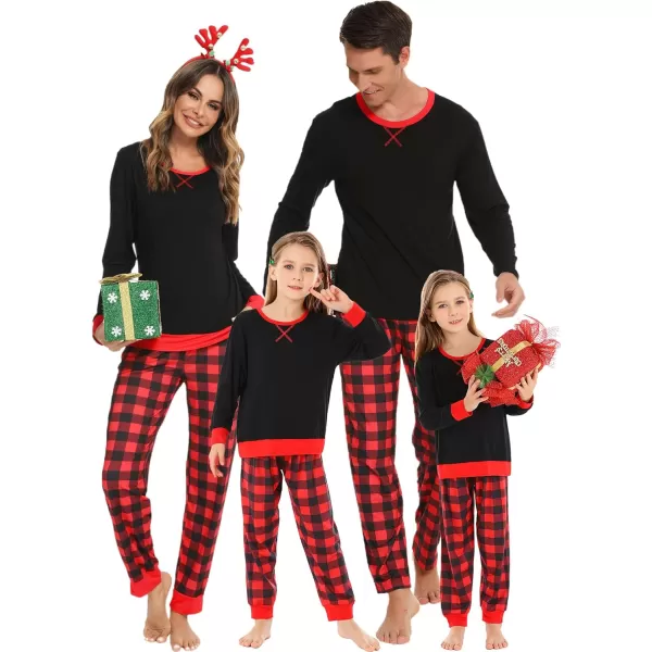 SWOMOG Men amp Women amp Kids Matching Pajama Sets for Family Couples Long Sleeve Sleepwear Plaid Striped Pants with PocketsMen Black Red Grid