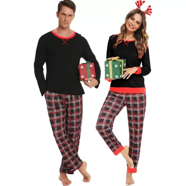 SWOMOG Men amp Women amp Kids Matching Pajama Sets for Family Couples Long Sleeve Sleepwear Plaid Striped Pants with PocketsMen Black1 Black Grid