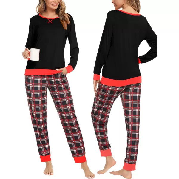 SWOMOG Men amp Women amp Kids Matching Pajama Sets for Family Couples Long Sleeve Sleepwear Plaid Striped Pants with PocketsMen Black1 Black Grid