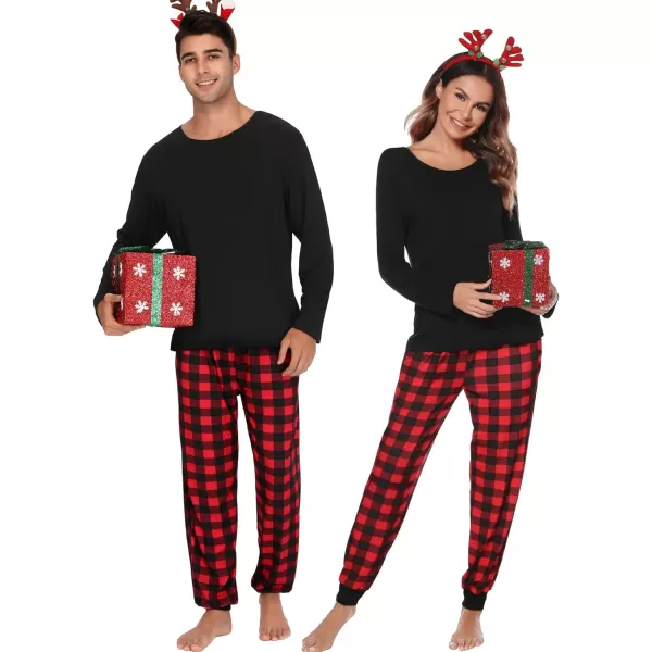 SWOMOG Men amp Women amp Kids Matching Pajama Sets for Family Couples Long Sleeve Sleepwear Plaid Striped Pants with PocketsMen Black2 Solid Top