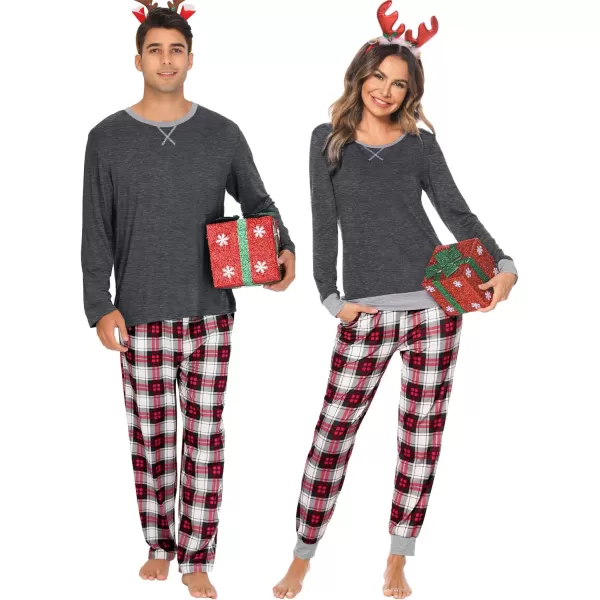 SWOMOG Men amp Women amp Kids Matching Pajama Sets for Family Couples Long Sleeve Sleepwear Plaid Striped Pants with PocketsMen Dark Grey1 Black Grid