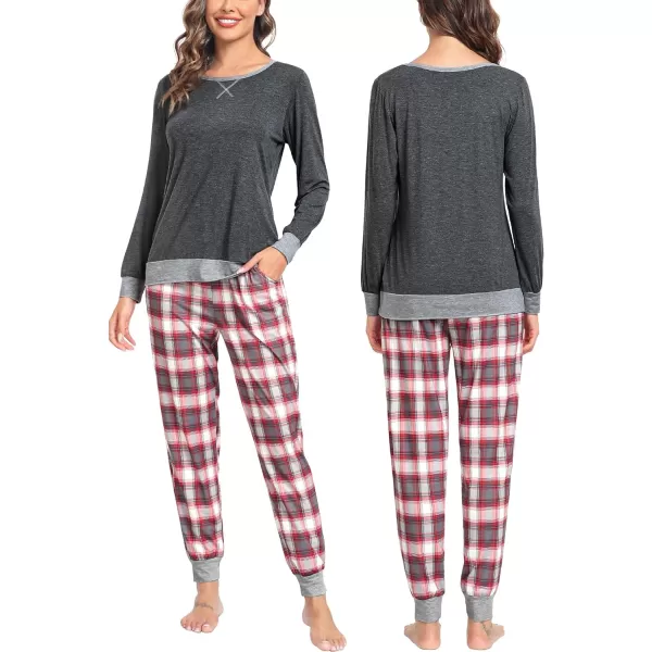 SWOMOG Men amp Women amp Kids Matching Pajama Sets for Family Couples Long Sleeve Sleepwear Plaid Striped Pants with PocketsMen Dark Greya Grey Grid