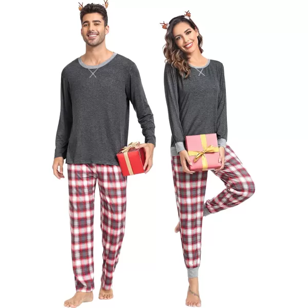 SWOMOG Men amp Women amp Kids Matching Pajama Sets for Family Couples Long Sleeve Sleepwear Plaid Striped Pants with PocketsMen Dark Greya Grey Grid