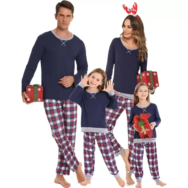 SWOMOG Men amp Women amp Kids Matching Pajama Sets for Family Couples Long Sleeve Sleepwear Plaid Striped Pants with PocketsMen Navy Blue Red Grid