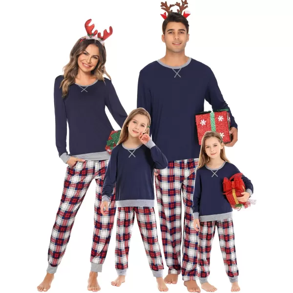 SWOMOG Men amp Women amp Kids Matching Pajama Sets for Family Couples Long Sleeve Sleepwear Plaid Striped Pants with PocketsMen Navy Blue1 Blue Grid