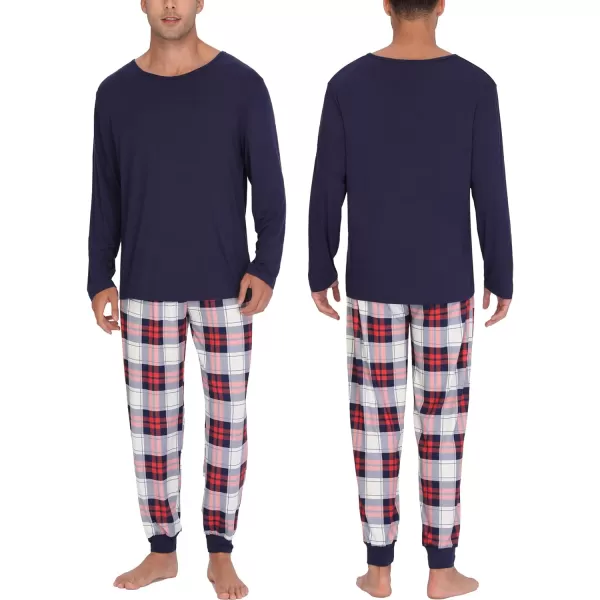 SWOMOG Men amp Women amp Kids Matching Pajama Sets for Family Couples Long Sleeve Sleepwear Plaid Striped Pants with PocketsMen Navy Blue2 Solid Top