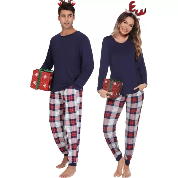 SWOMOG Men amp Women amp Kids Matching Pajama Sets for Family Couples Long Sleeve Sleepwear Plaid Striped Pants with PocketsMen Navy Blue2 Solid Top