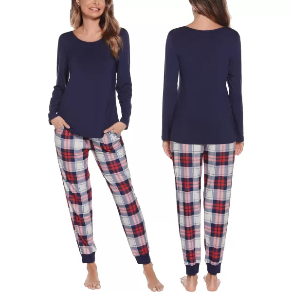 SWOMOG Men amp Women amp Kids Matching Pajama Sets for Family Couples Long Sleeve Sleepwear Plaid Striped Pants with PocketsMen Navy Blue2 Solid Top