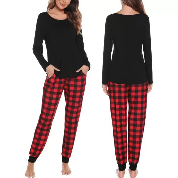 SWOMOG Men amp Women amp Kids Matching Pajama Sets for Family Couples Long Sleeve Sleepwear Plaid Striped Pants with PocketsWomen Black2 Solid Top