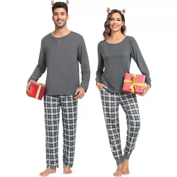 SWOMOG Men amp Women amp Kids Matching Pajama Sets for Family Couples Long Sleeve Sleepwear Plaid Striped Pants with PocketsWomen Dark Pure Grey