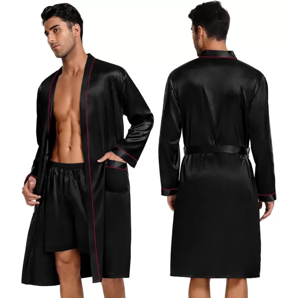 SWOMOG Mens 3 PCS Satin Robe with Pants amp Shorts Set Kimono Bathrobe Long Sleeve Sleepwear Pjs Sets with PocketsBlack