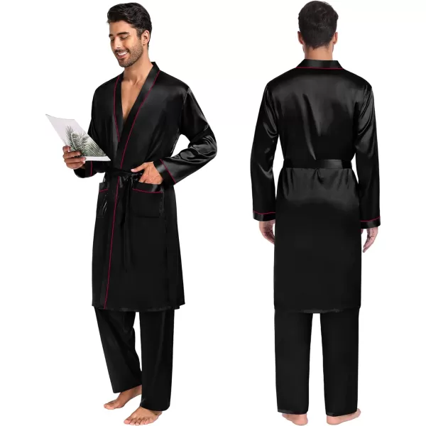 SWOMOG Mens 3 PCS Satin Robe with Pants amp Shorts Set Kimono Bathrobe Long Sleeve Sleepwear Pjs Sets with PocketsBlack