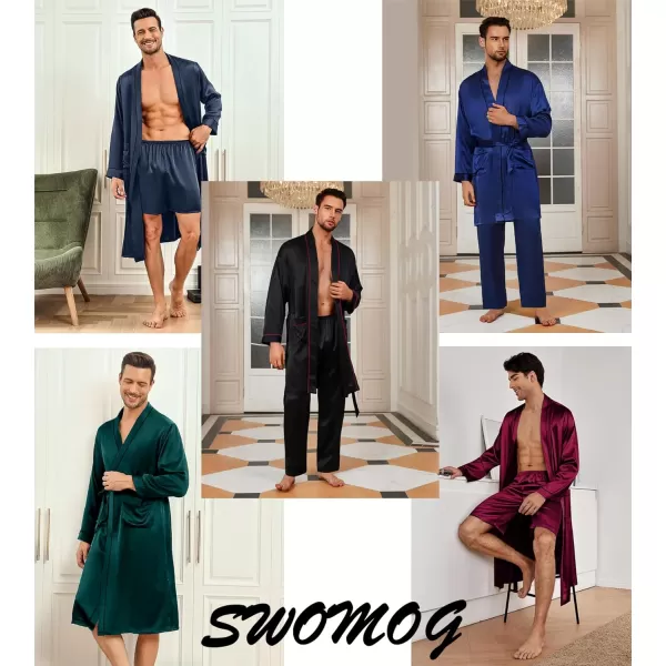 SWOMOG Mens 3 PCS Satin Robe with Pants amp Shorts Set Kimono Bathrobe Long Sleeve Sleepwear Pjs Sets with PocketsBlack