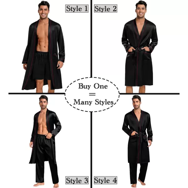 SWOMOG Mens 3 PCS Satin Robe with Pants amp Shorts Set Kimono Bathrobe Long Sleeve Sleepwear Pjs Sets with PocketsBlack