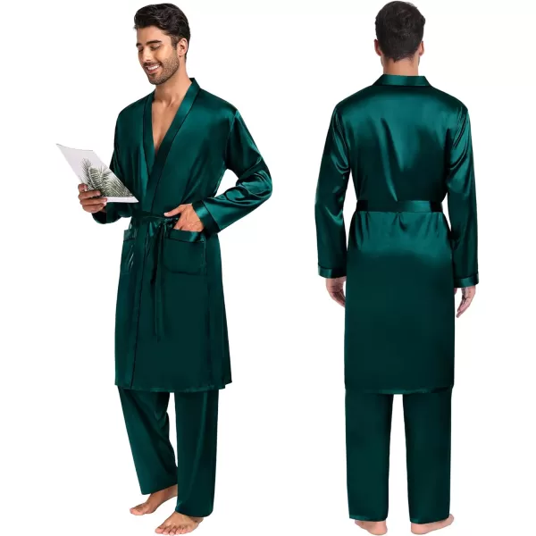 SWOMOG Mens 3 PCS Satin Robe with Pants amp Shorts Set Kimono Bathrobe Long Sleeve Sleepwear Pjs Sets with PocketsDeep Green