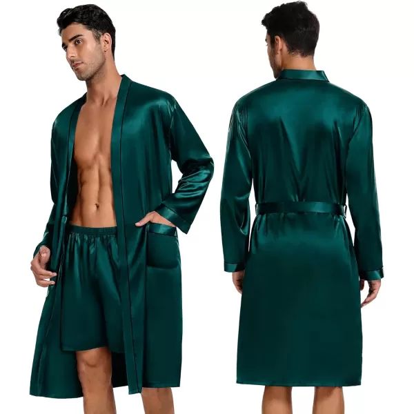 SWOMOG Mens 3 PCS Satin Robe with Pants amp Shorts Set Kimono Bathrobe Long Sleeve Sleepwear Pjs Sets with PocketsDeep Green