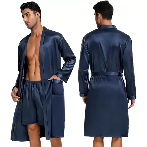 SWOMOG Mens 3 PCS Satin Robe with Pants amp Shorts Set Kimono Bathrobe Long Sleeve Sleepwear Pjs Sets with PocketsDeep Grey