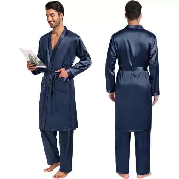 SWOMOG Mens 3 PCS Satin Robe with Pants amp Shorts Set Kimono Bathrobe Long Sleeve Sleepwear Pjs Sets with PocketsDeep Grey