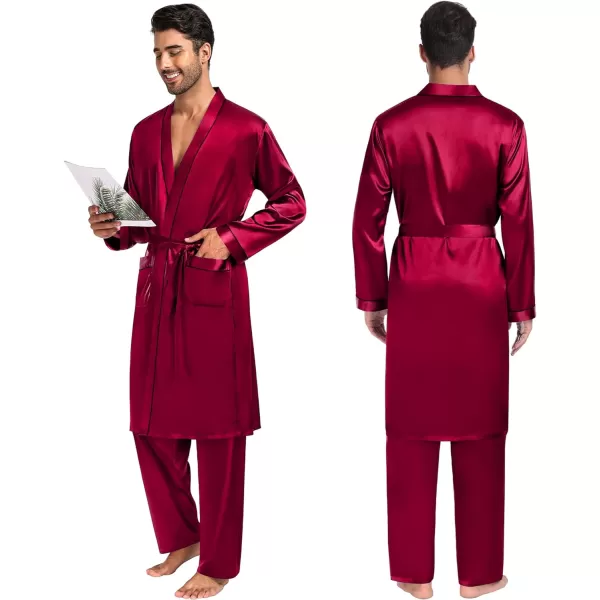 SWOMOG Mens 3 PCS Satin Robe with Pants amp Shorts Set Kimono Bathrobe Long Sleeve Sleepwear Pjs Sets with PocketsDeep Wine Red