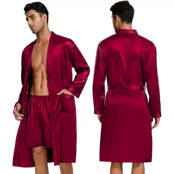 SWOMOG Mens 3 PCS Satin Robe with Pants amp Shorts Set Kimono Bathrobe Long Sleeve Sleepwear Pjs Sets with PocketsDeep Wine Red