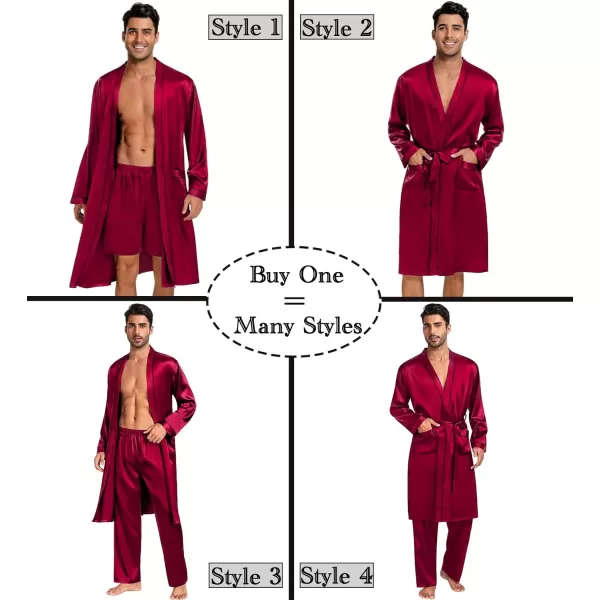 SWOMOG Mens 3 PCS Satin Robe with Pants amp Shorts Set Kimono Bathrobe Long Sleeve Sleepwear Pjs Sets with PocketsDeep Wine Red