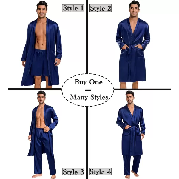 SWOMOG Mens 3 PCS Satin Robe with Pants amp Shorts Set Kimono Bathrobe Long Sleeve Sleepwear Pjs Sets with PocketsNavy Blue