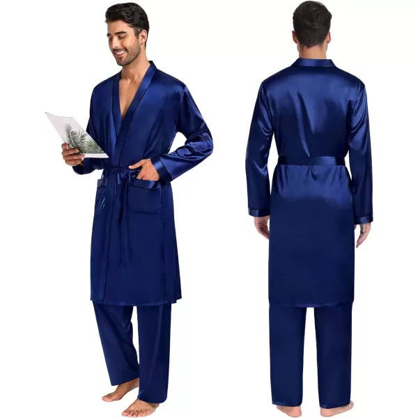 SWOMOG Mens 3 PCS Satin Robe with Pants amp Shorts Set Kimono Bathrobe Long Sleeve Sleepwear Pjs Sets with PocketsNavy Blue