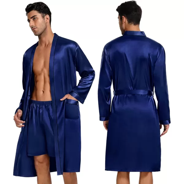 SWOMOG Mens 3 PCS Satin Robe with Pants amp Shorts Set Kimono Bathrobe Long Sleeve Sleepwear Pjs Sets with PocketsNavy Blue