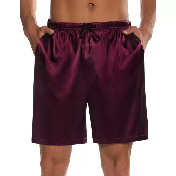 SWOMOG Mens 3 Pack Satin Pajama Shorts Silk Pajama Boxer Lounge Sleep Bottoms Button Fly with Pockets amp DrawstringBlackDeep Wine RedGrey