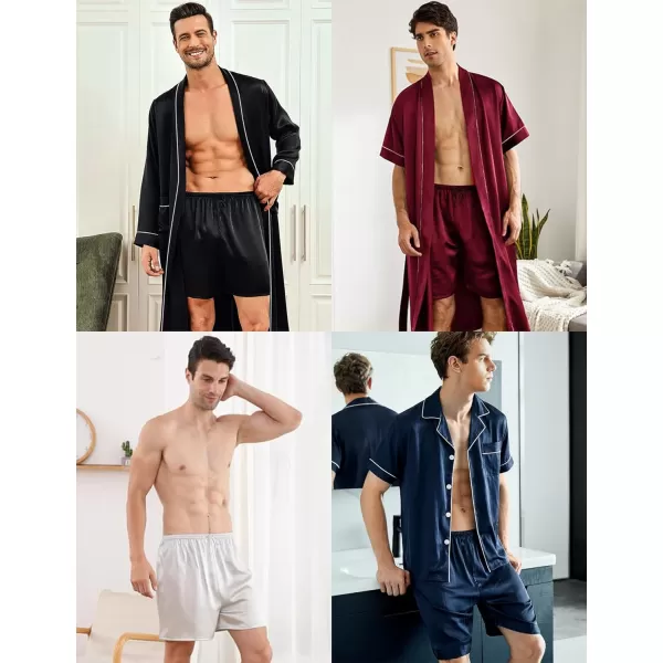 SWOMOG Mens 3 Pack Satin Pajama Shorts Silk Pajama Boxer Lounge Sleep Bottoms Button Fly with Pockets amp DrawstringBlackDeep Wine RedGrey