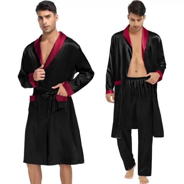 SWOMOG Mens 3 Pcs Robe Silk Satin Kimono Bathrobe with ShortsampPants Set Lightweight Soft SleepwearBlack